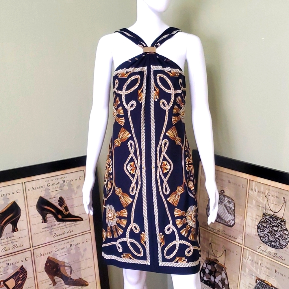 Cache Navy and Gold Rope-Print Halter Midi Dress